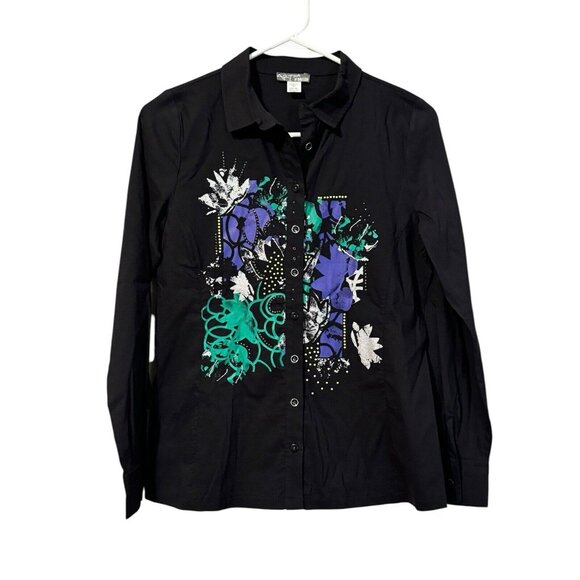 Simply Art by Dolcezza Women Abstract Studded Button Up Shirt‎ Small Long Sleeve - Picture 1 of 15